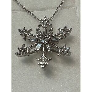 Silver Tone Snowflake Pendant Necklace Baguette Round Accents Winter Jewelry